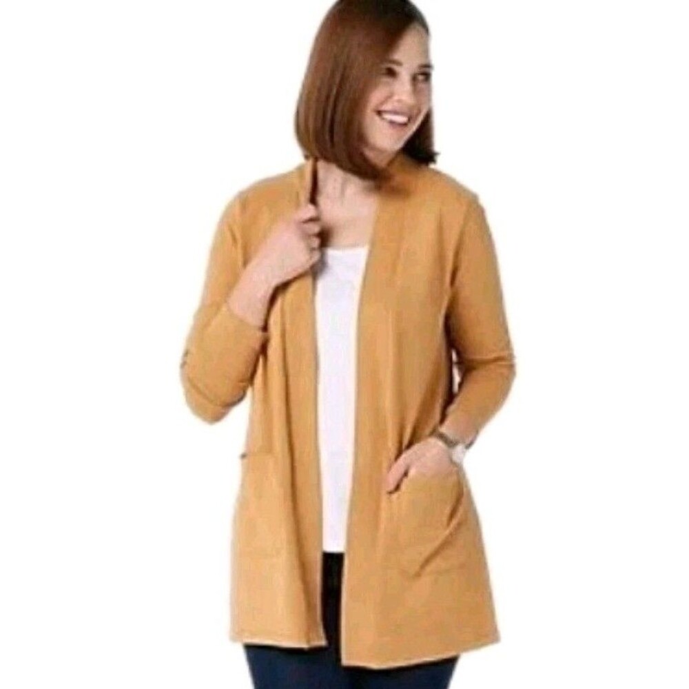 DENIM CO Womens 5XP Open Front Cardigan Pockets Long Sleeve Solid Camel A388936